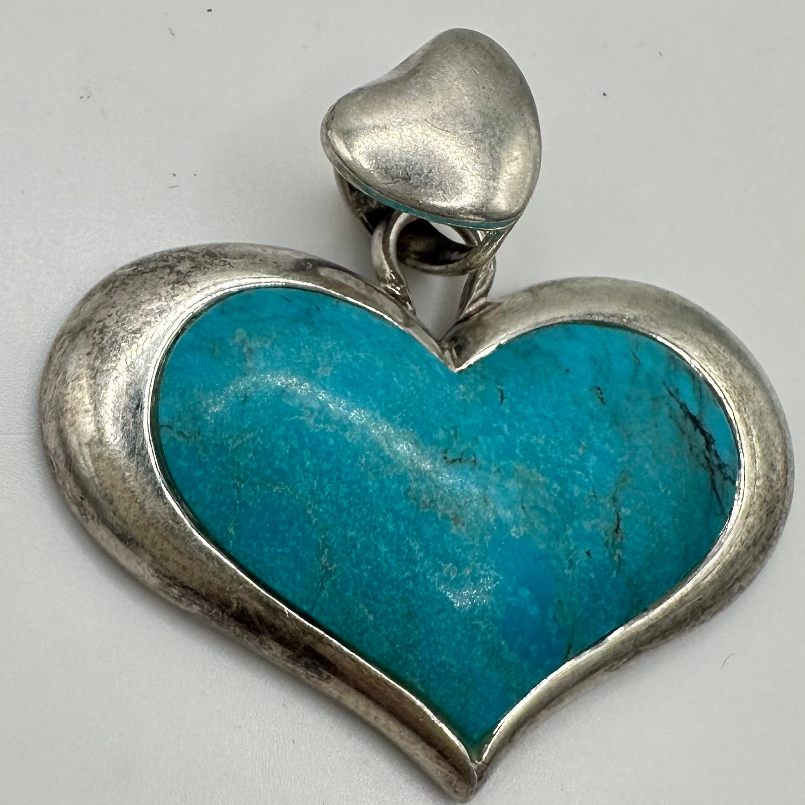 Thailand Vintage 925 Sterling Silver Genuine Turquoise Heart Pendant Charm 9g